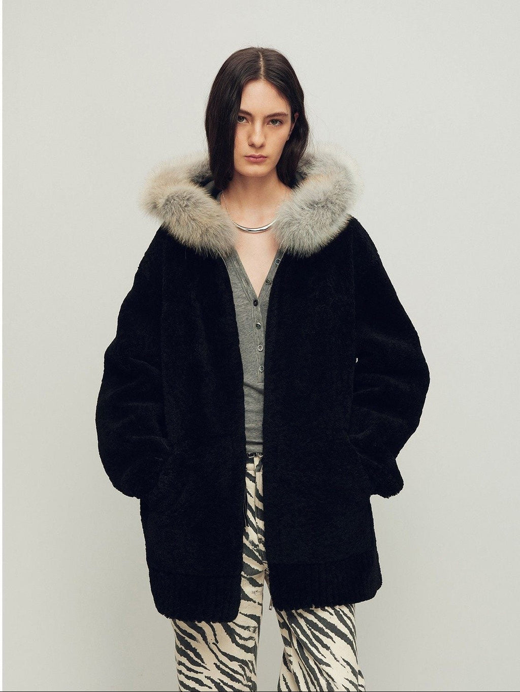 Firelady Fur Women's Merino Shearling Coat | Layered Patch-Dyed Raccoon Fur Collar “Hokkaido Melody”