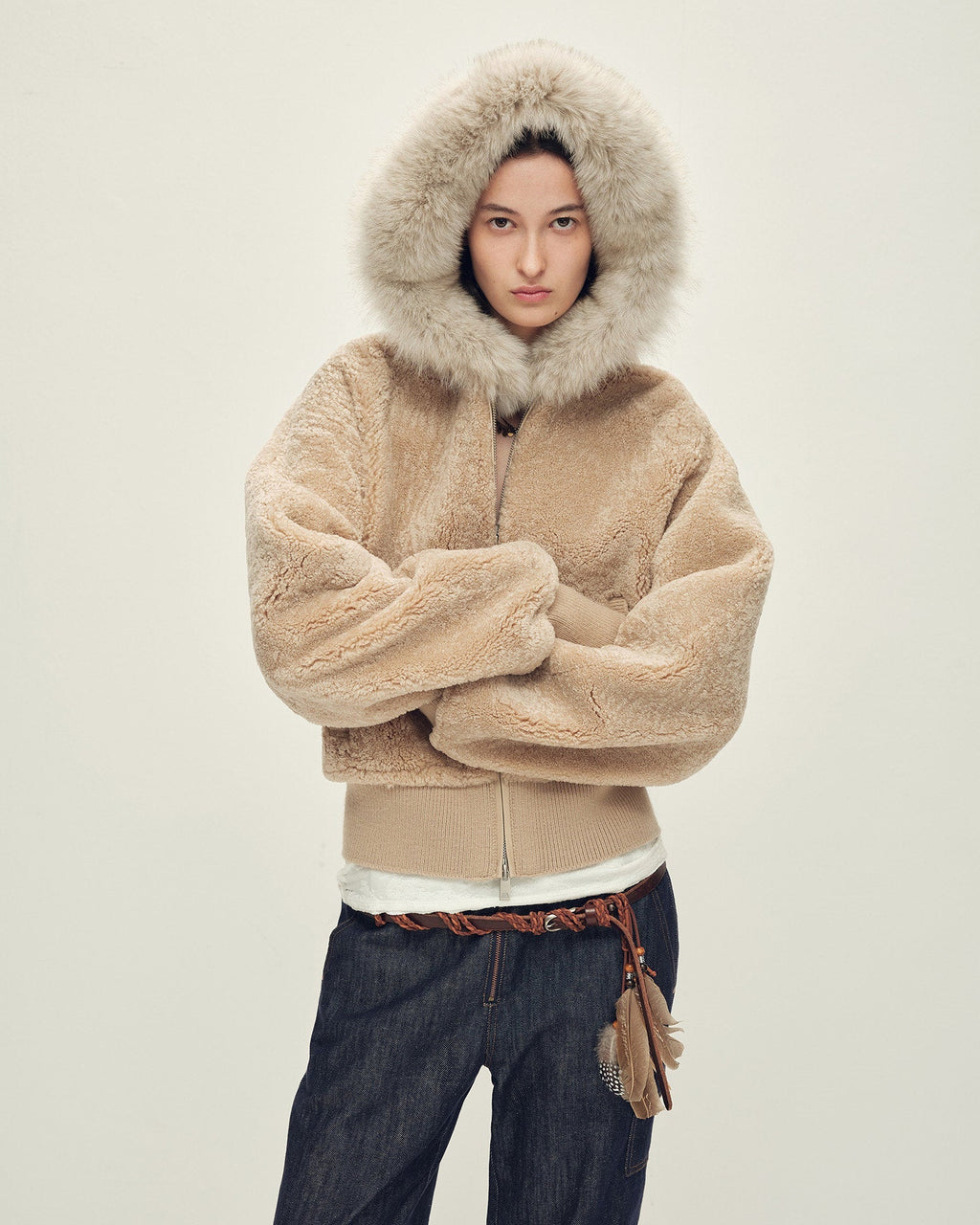 Firelady Fur Women's Merino Shearling Coat | Layered Patch-Dyed Raccoon Fur Collar “Hokkaido Melody”