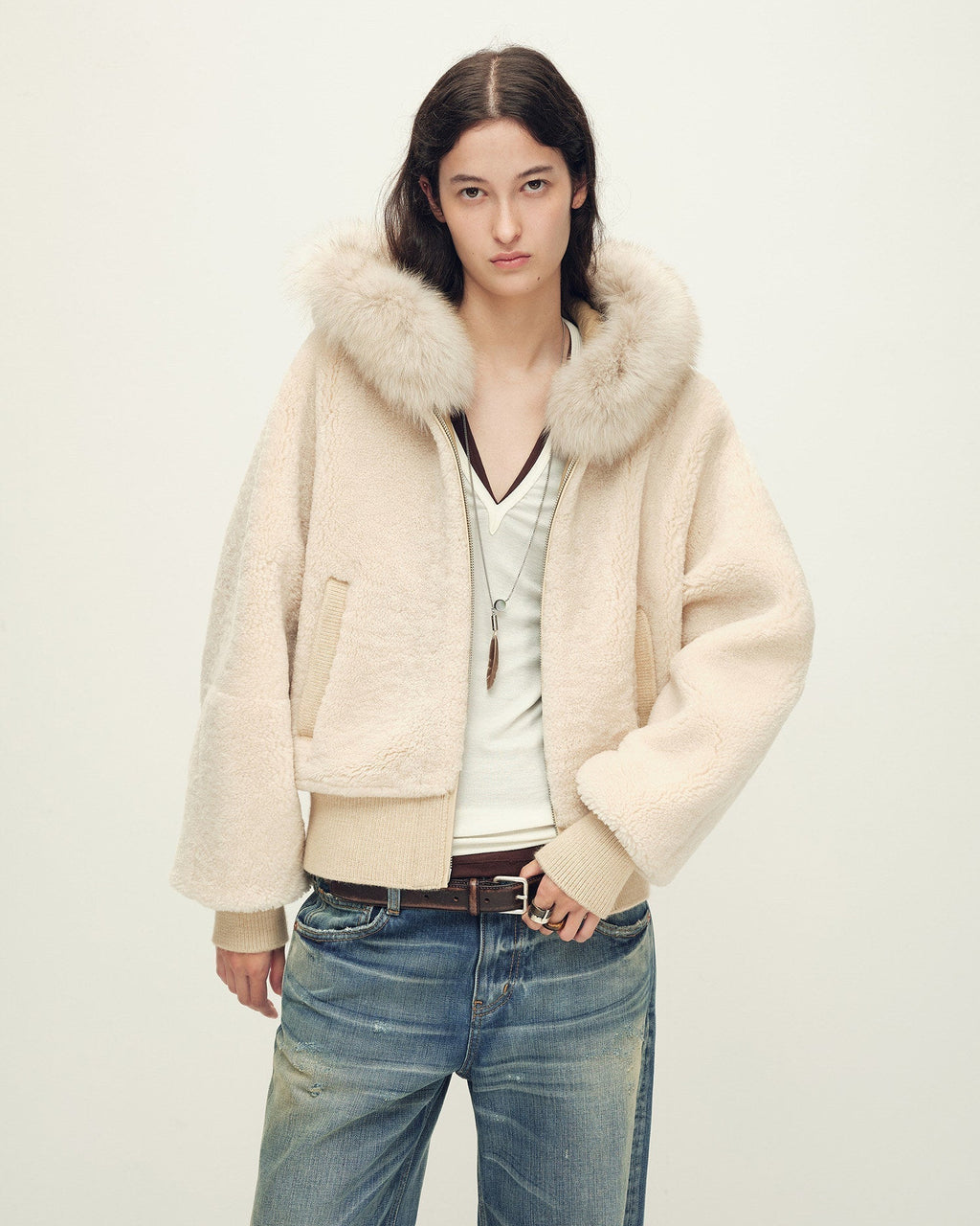Firelady Fur Women's Merino Shearling Coat | Layered Patch-Dyed Raccoon Fur Collar “Hokkaido Melody”