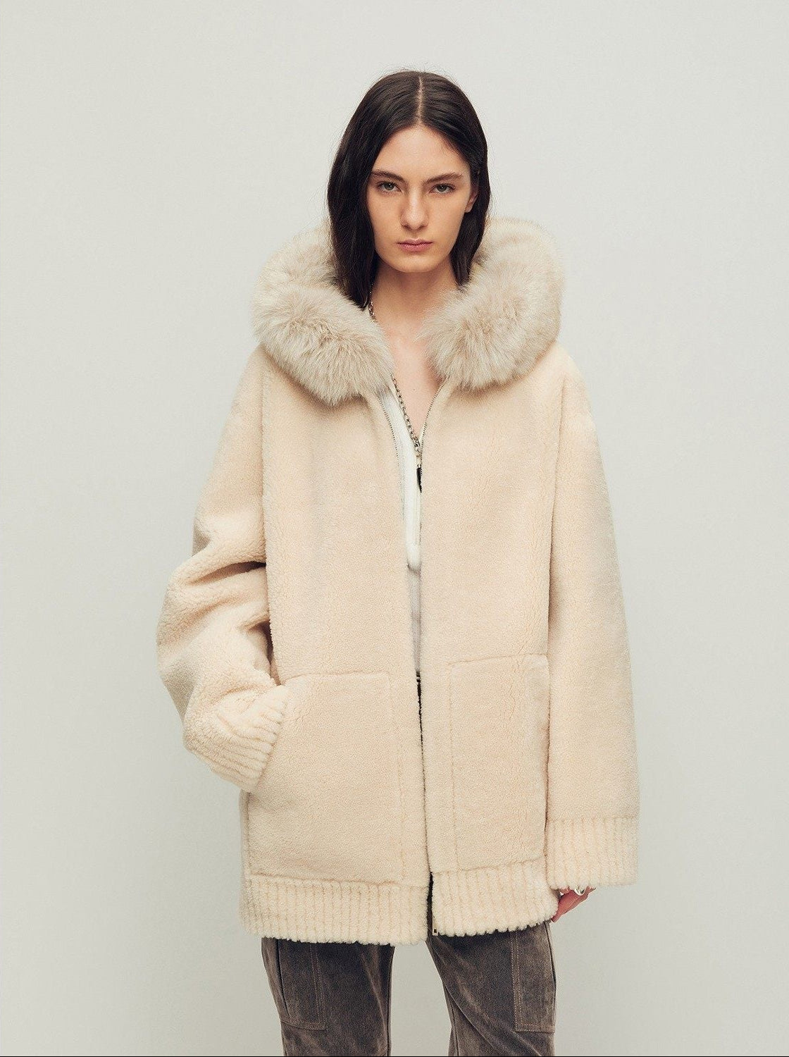 Firelady Fur Women's Merino Shearling Coat | Layered Patch-Dyed Raccoon Fur Collar “Hokkaido Melody”