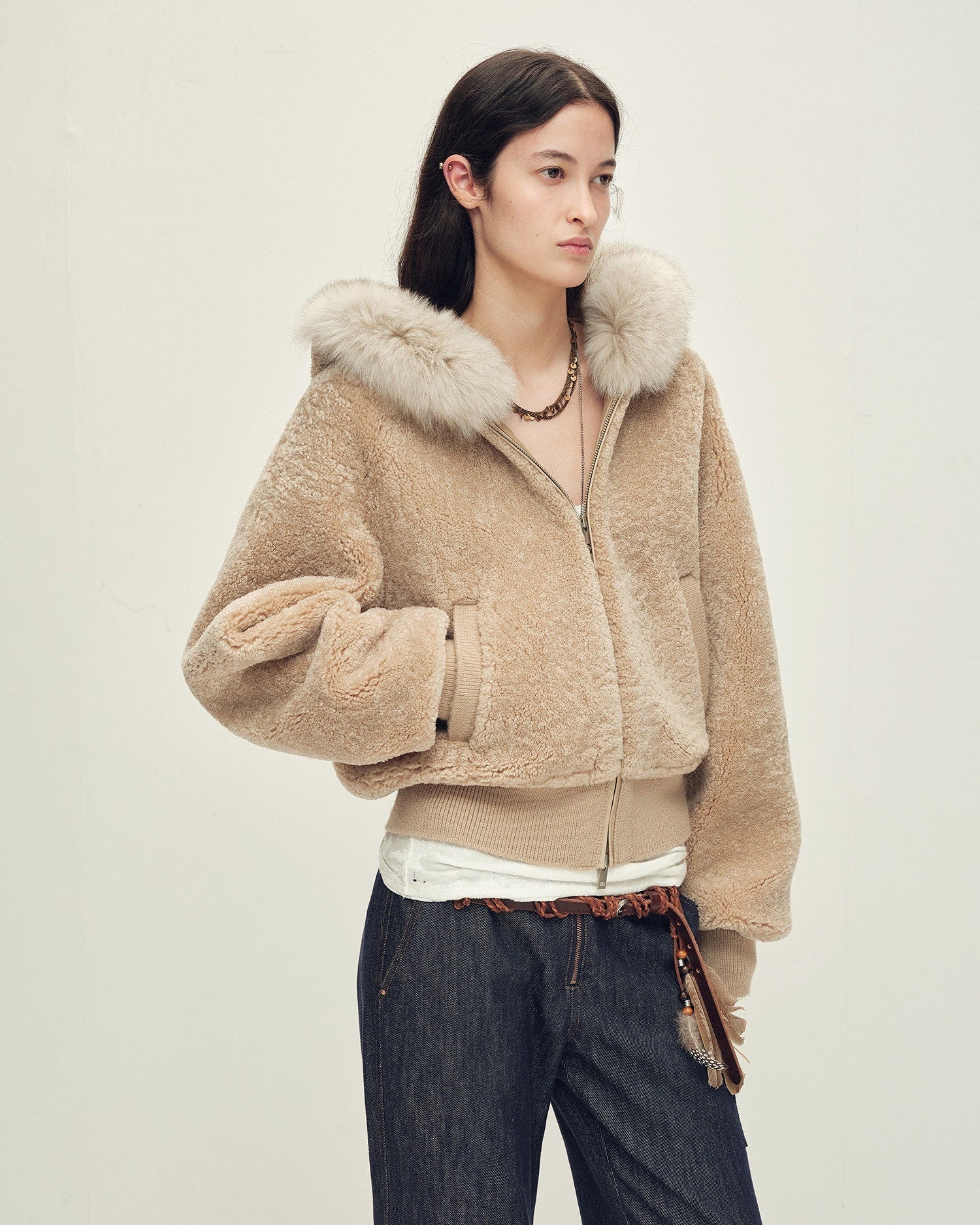 Firelady Fur Women's Merino Shearling Coat | Layered Patch-Dyed Raccoon Fur Collar “Hokkaido Melody”