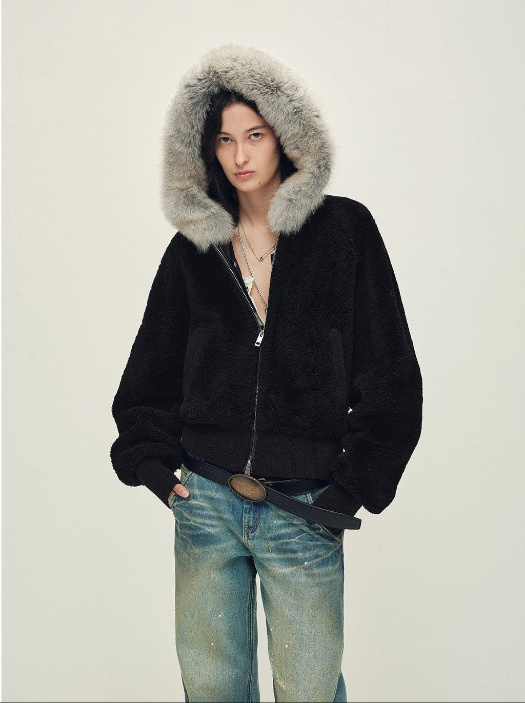 Firelady Fur Women's Merino Shearling Coat | Layered Patch-Dyed Raccoon Fur Collar “Hokkaido Melody”