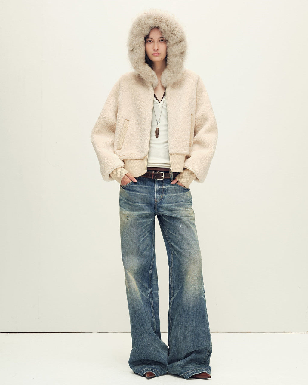 Firelady Fur Women's Merino Shearling Coat | Layered Patch-Dyed Raccoon Fur Collar “Hokkaido Melody”