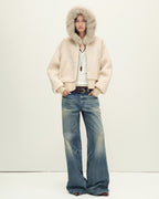 Firelady Fur Women's Merino Shearling Coat | Layered Patch-Dyed Raccoon Fur Collar “Hokkaido Melody”