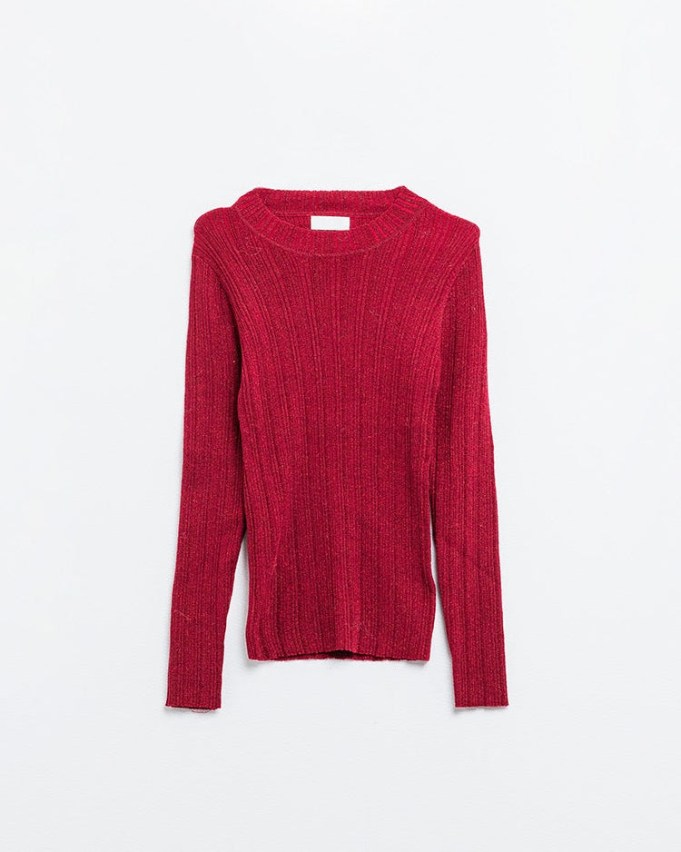 Fitted Ribbed Sweater in Maroon with Silver Thread Detail
