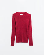 Fitted Ribbed Sweater in Maroon with Silver Thread Detail