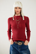 Fitted Ribbed Sweater in Maroon with Silver Thread Detail