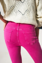 Flare Jeans with Raw Hem Edge in Fuchsia