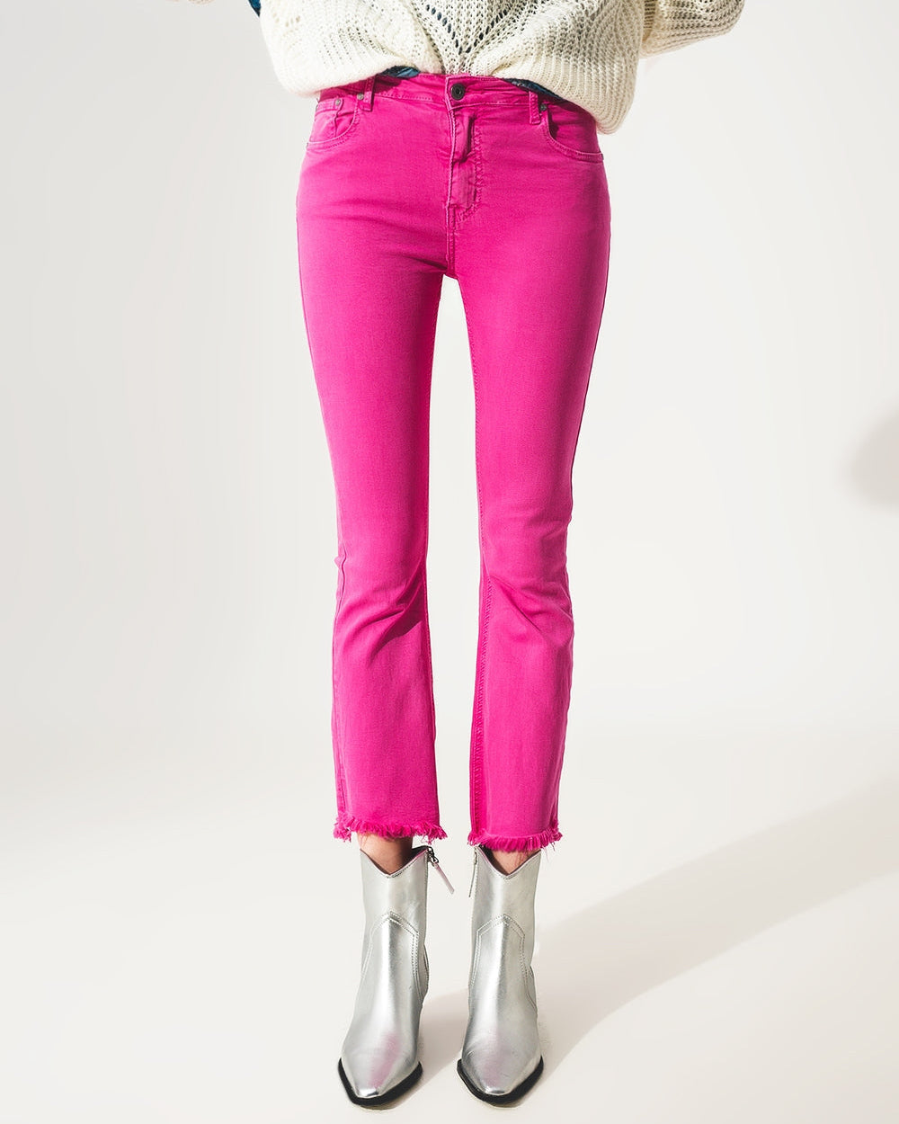 Flare Jeans with Raw Hem Edge in Fuchsia