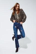 Flared Jeans with Shiny Stars Detail in Blue