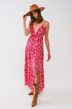 Floral Print Maxi Dress with V-Neck in Pink