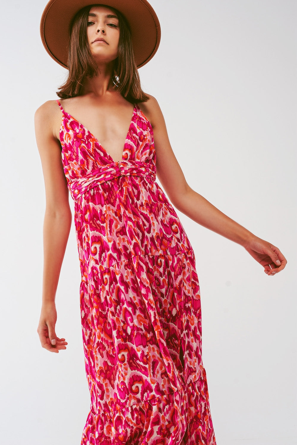 Floral Print Maxi Dress with V-Neck in Pink