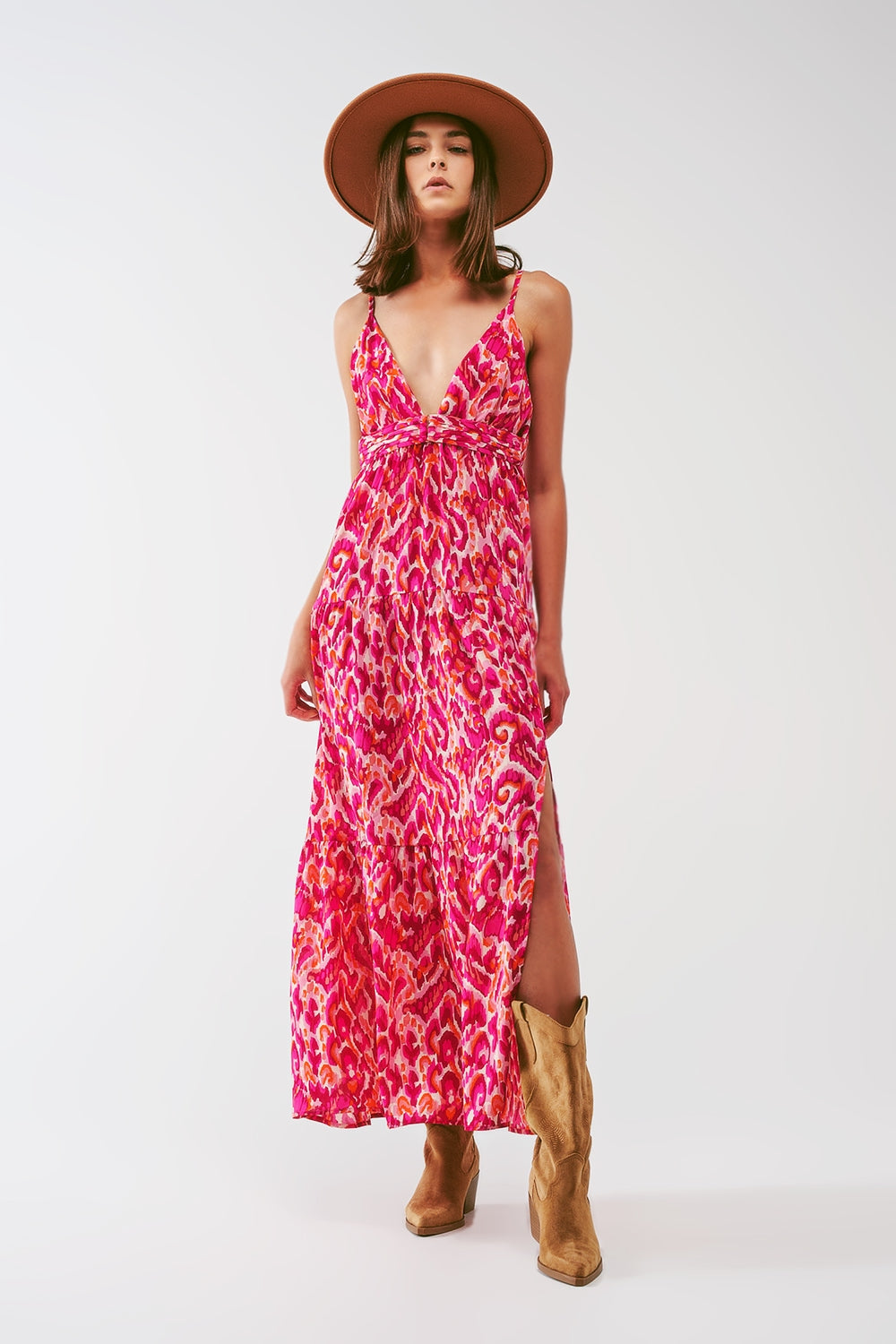 Floral Print Maxi Dress with V-Neck in Pink