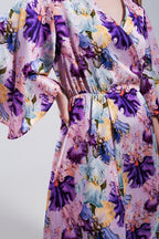 Flutter Sleeve Maxi Dress in Purple Floral Print