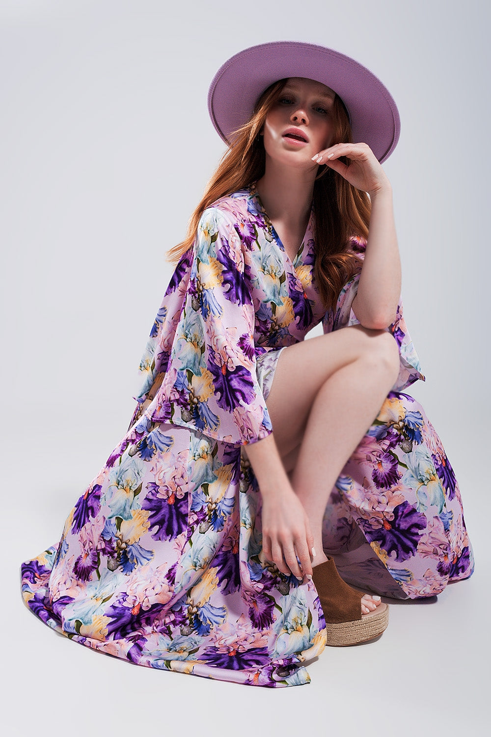 Flutter Sleeve Maxi Dress in Purple Floral Print