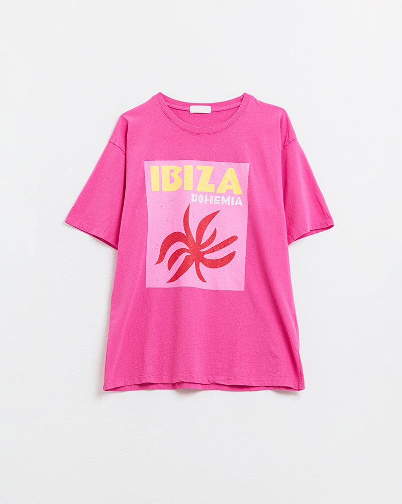 Fuchsia Ibiza Bohemia Relaxed T-Shirt with Pink Print