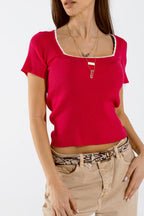 Fuchsia Knitted Short Sleeve Sweater with Square Neck and White Trim