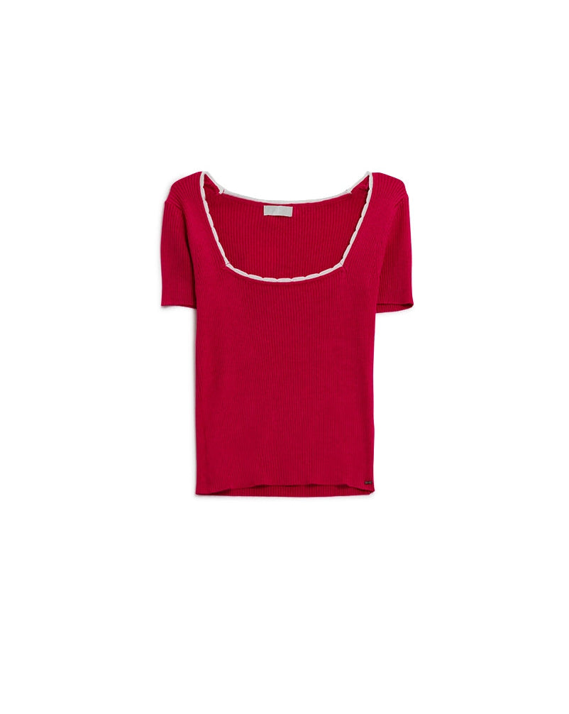 Fuchsia Knitted Short Sleeve Sweater with Square Neck and White Trim