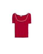 Fuchsia Knitted Short Sleeve Sweater with Square Neck and White Trim