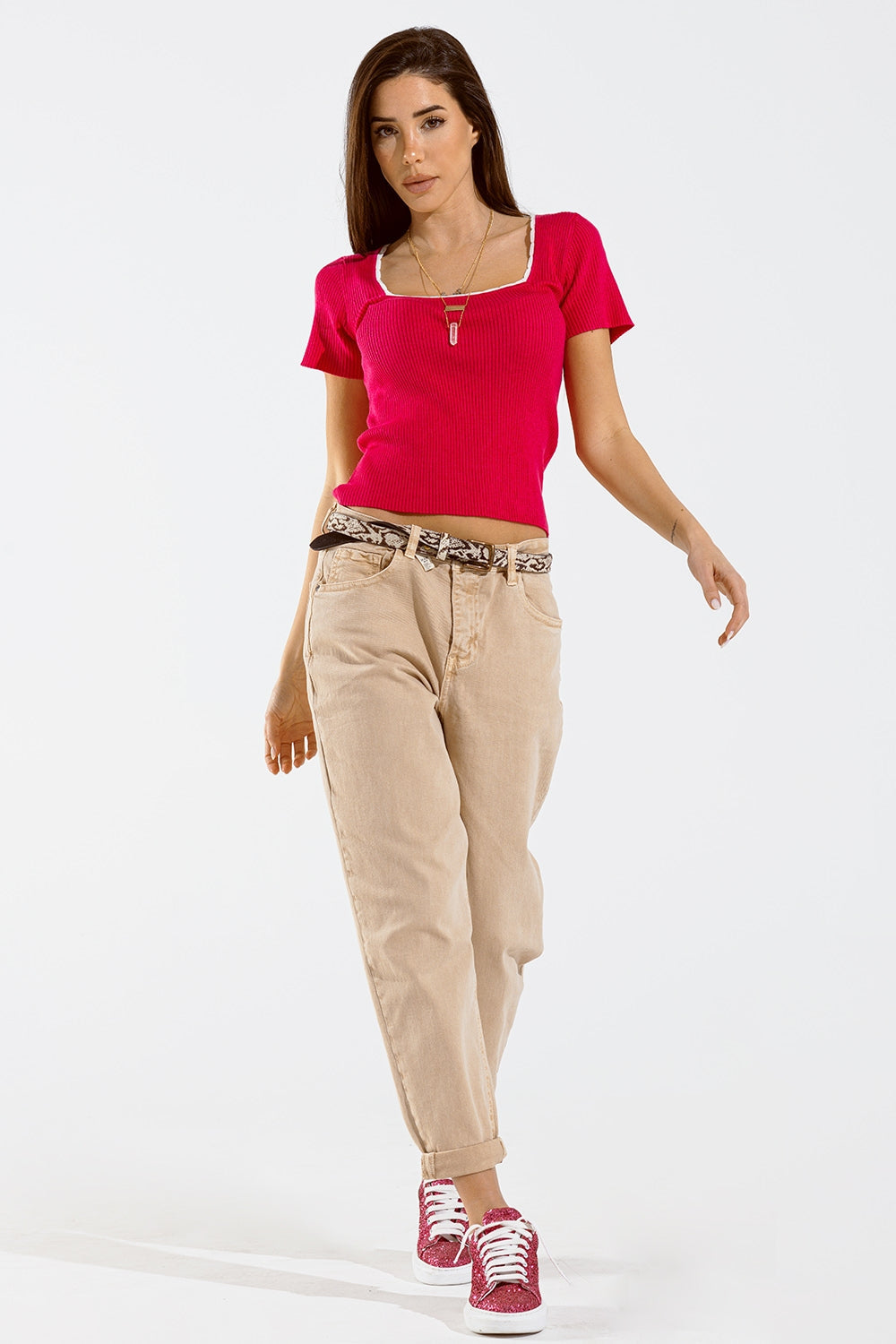 Fuchsia Knitted Short Sleeve Sweater with Square Neck and White Trim