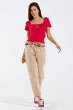 Fuchsia Knitted Short Sleeve Sweater with Square Neck and White Trim