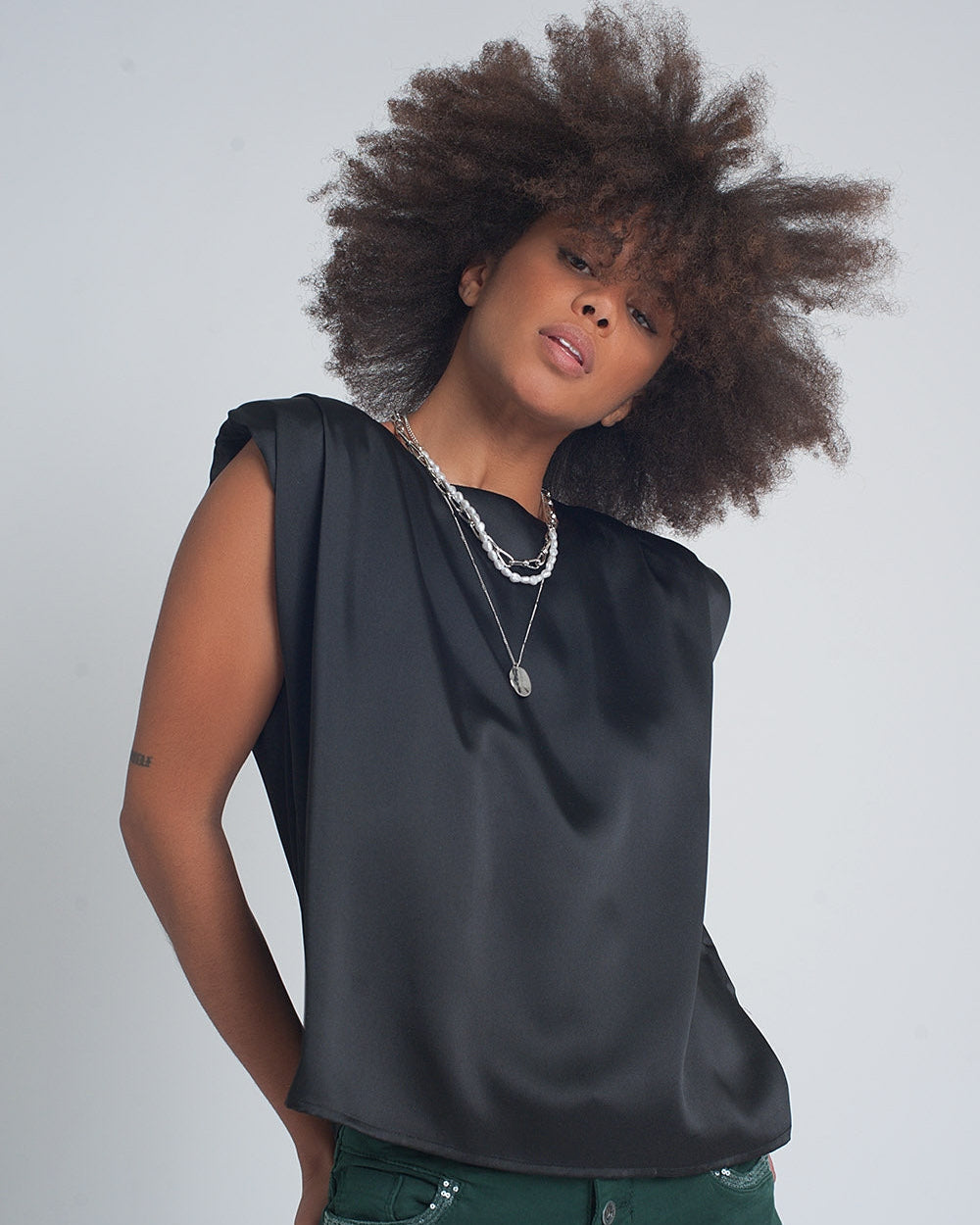 Gathered Satin Shoulder Pad Sleeveless Top in Black