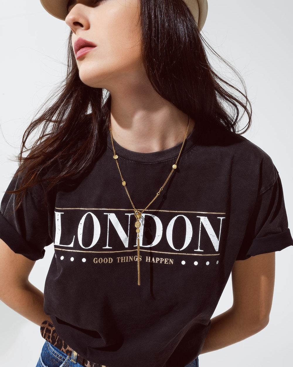 Gold Necklace with Beads and Fringe Chain Detail