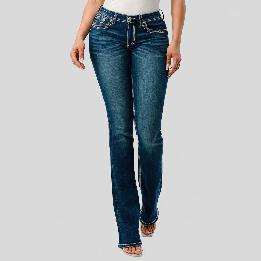 Grace in LA Women's Western Aztec Embroidered Mid Rise Bootcut Jeans