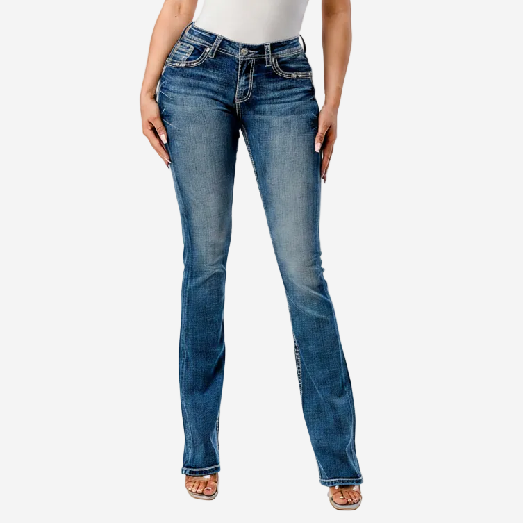 Grace in LA Women's Western Steer Head Embroidered Mid Rise Bootcut Jeans
