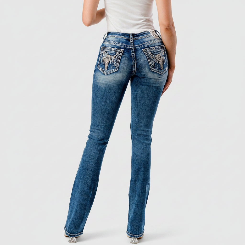 Grace in LA Women's Western Steer Head Embroidered Mid Rise Bootcut Jeans