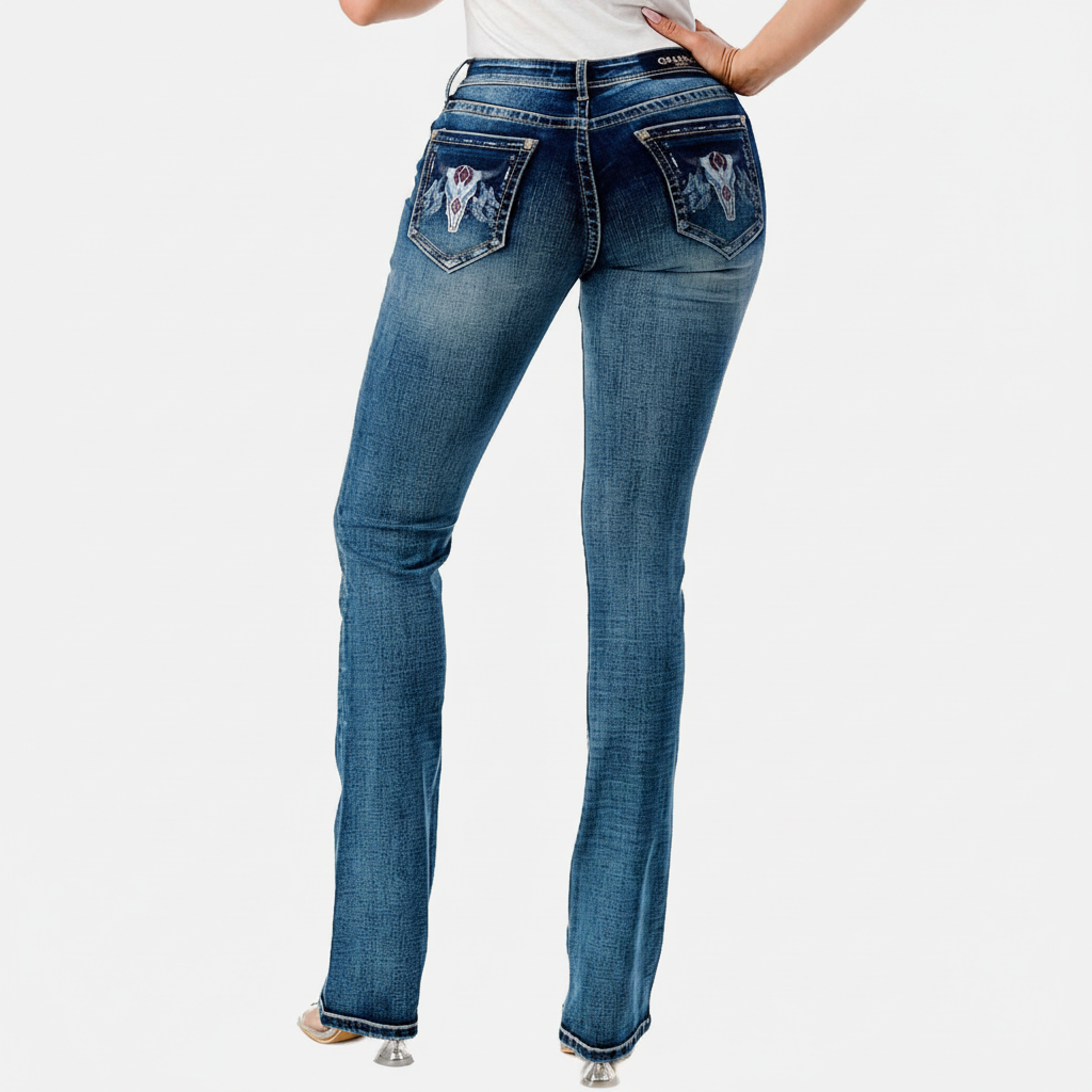 Grace in LA Women's Western Steer Head Print Mid Rise Bootcut Jeans
