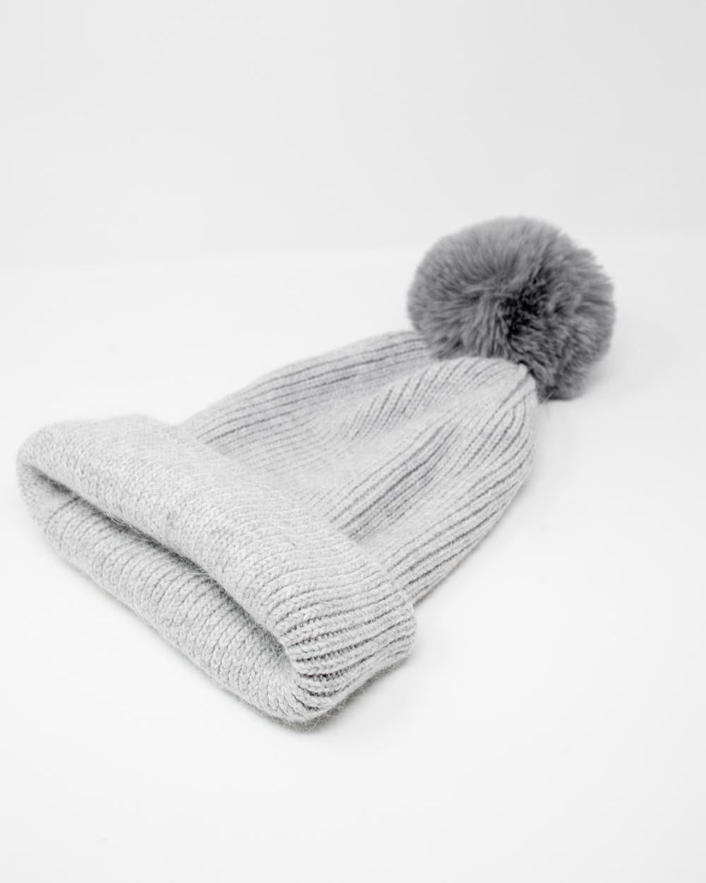 Gray Knitted Hat with Pompom