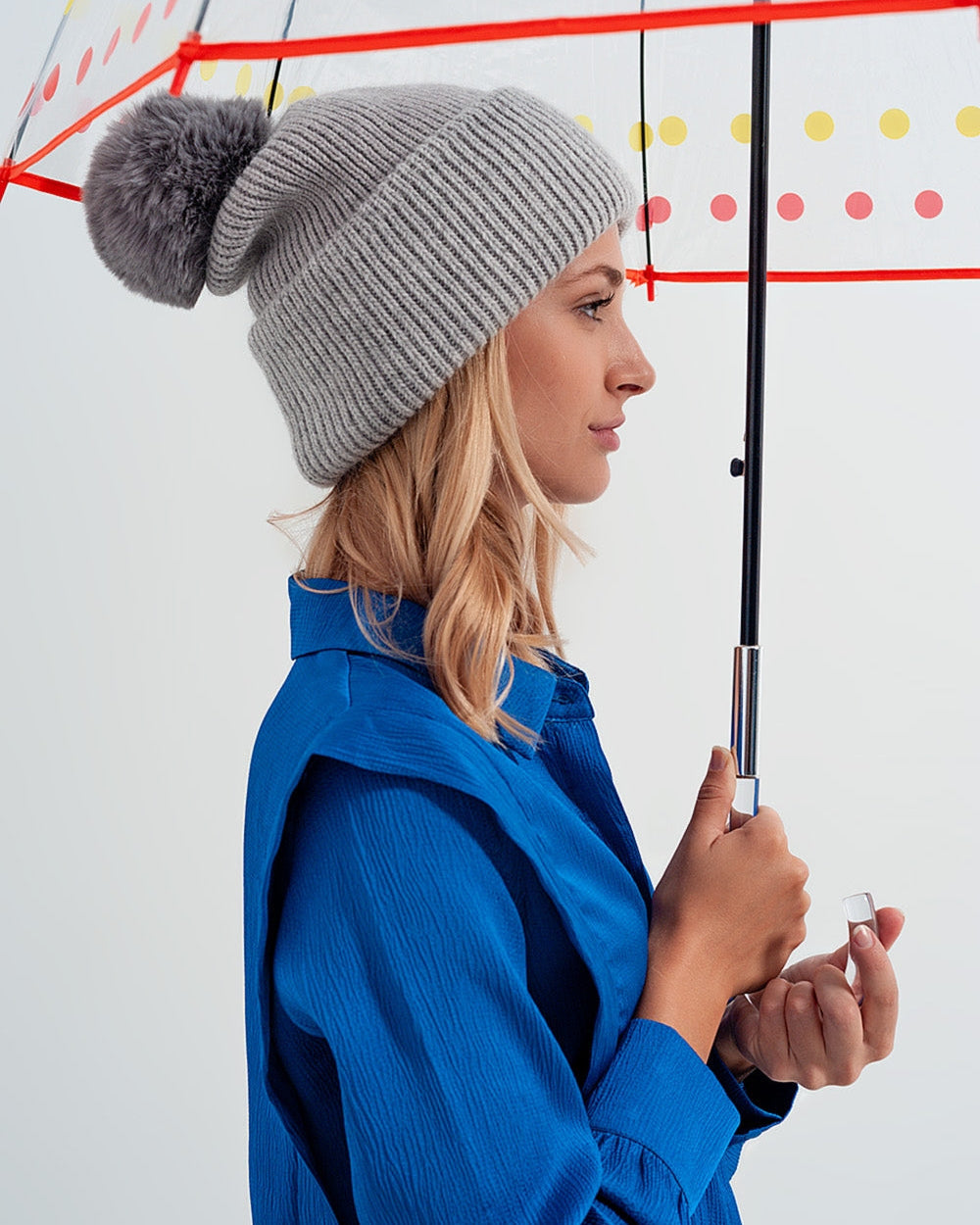Gray Knitted Hat with Pompom