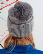 Gray Knitted Hat with Pompom