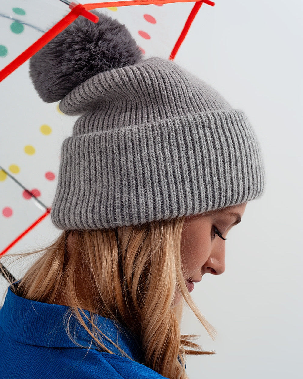 Gray Knitted Hat with Pompom