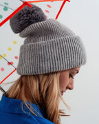 Gray Knitted Hat with Pompom