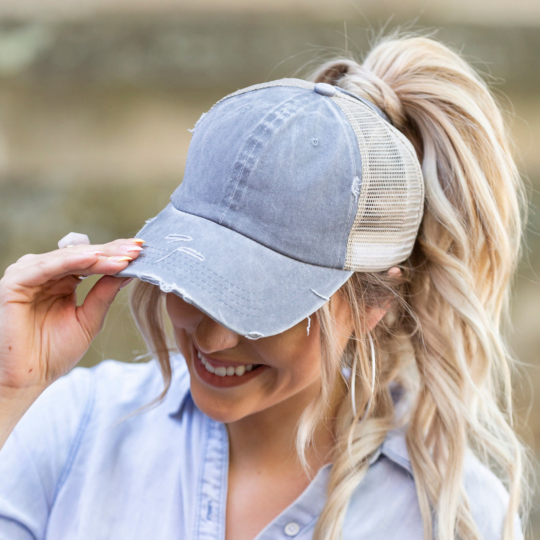 Distressed Messy Bun Hat Cap