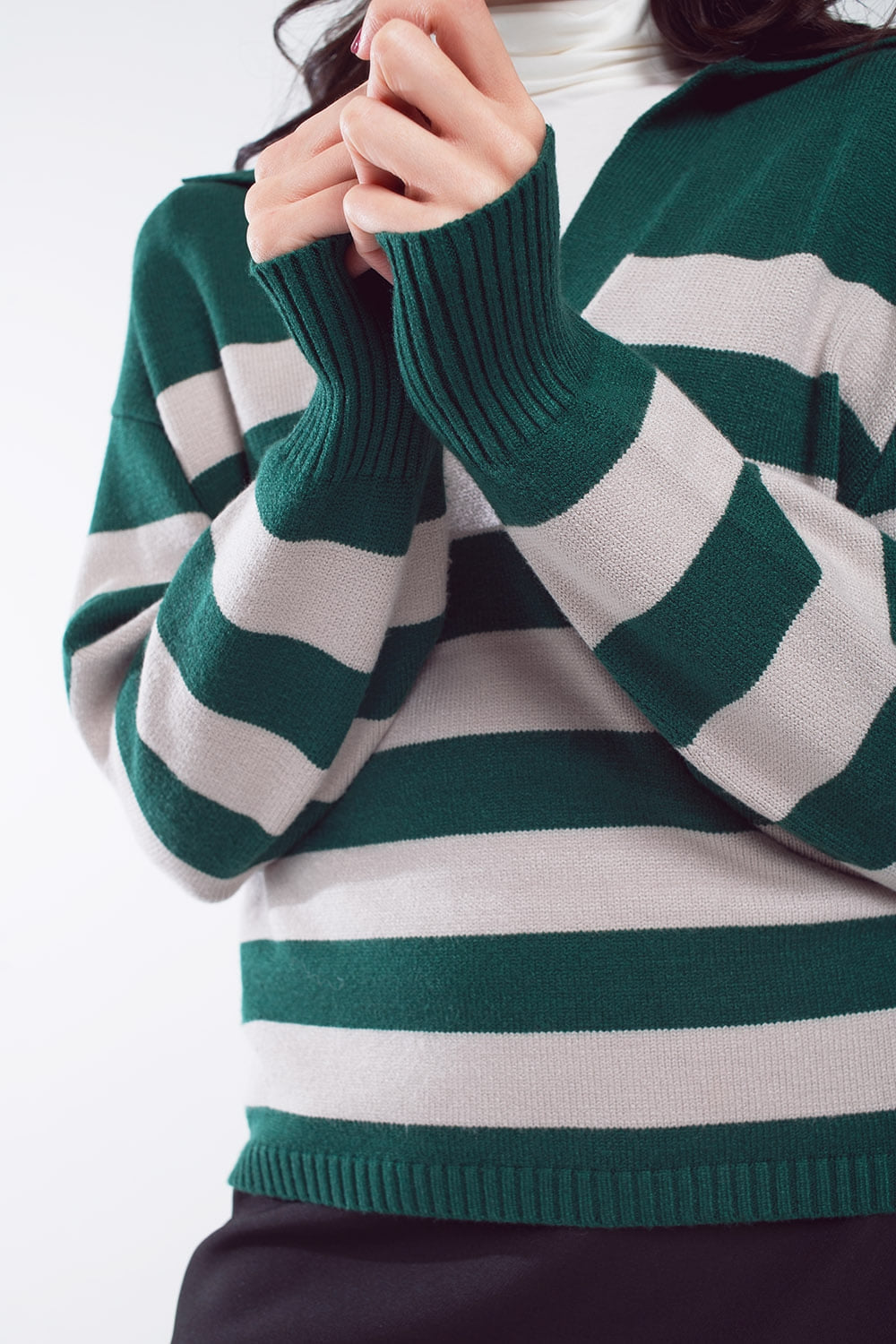Green and White Striped Sweater with V-Neck and Polo Collar