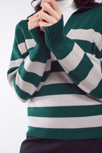 Green and White Striped Sweater with V-Neck and Polo Collar