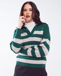 Green and White Striped Sweater with V-Neck and Polo Collar