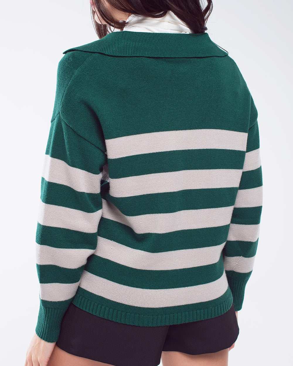 Green and White Striped Sweater with V-Neck and Polo Collar