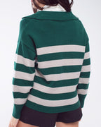 Green and White Striped Sweater with V-Neck and Polo Collar