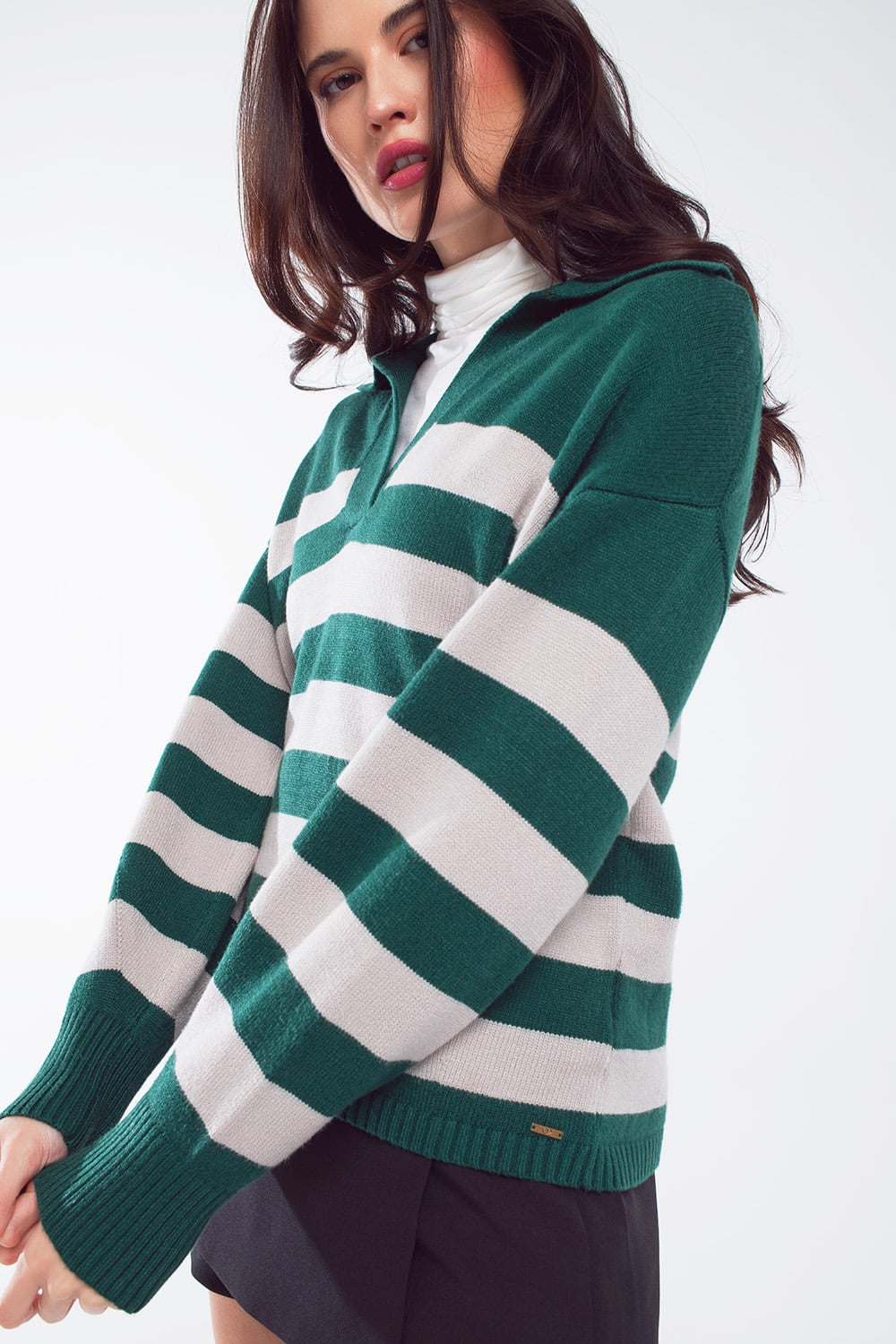 Green and White Striped Sweater with V-Neck and Polo Collar