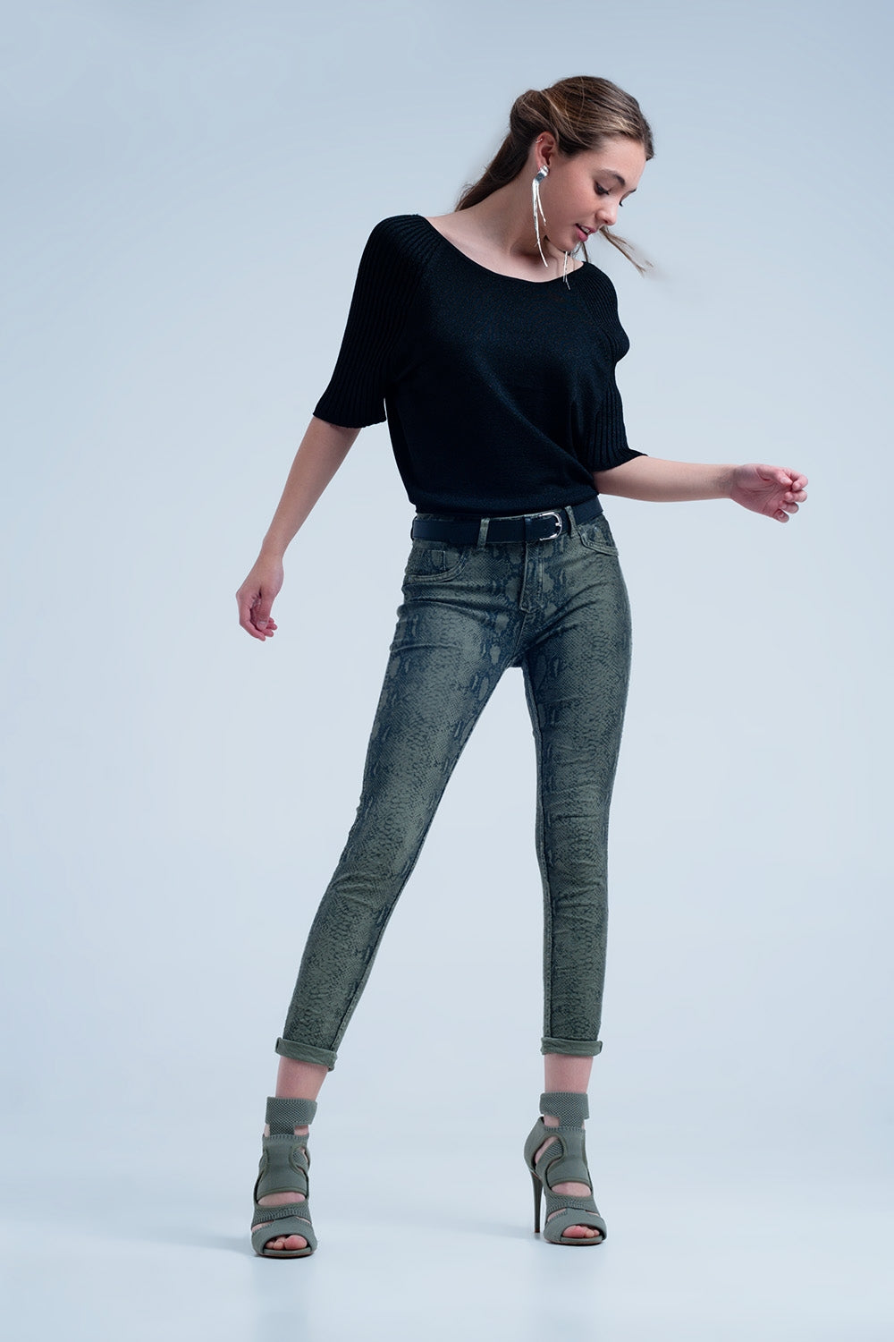Green Skinny Reversible Jeans with Snake Print