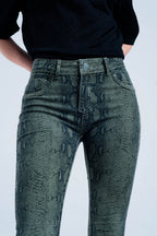 Green Skinny Reversible Jeans with Snake Print