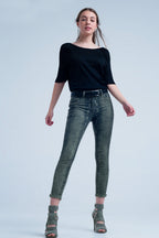 Green Skinny Reversible Jeans with Snake Print
