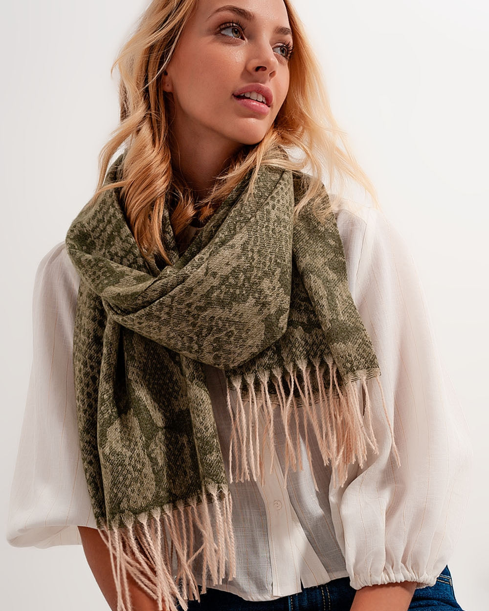 Green Snake Print Scarf With Bangs