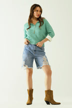 Green Sweater with 3/4 Sleeves and Polo Collar