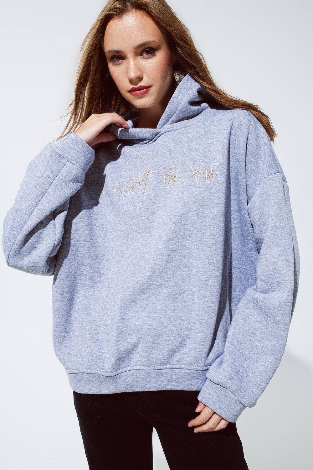 Grey Color Hoodie With Embroidered with Cést La Vie Text
