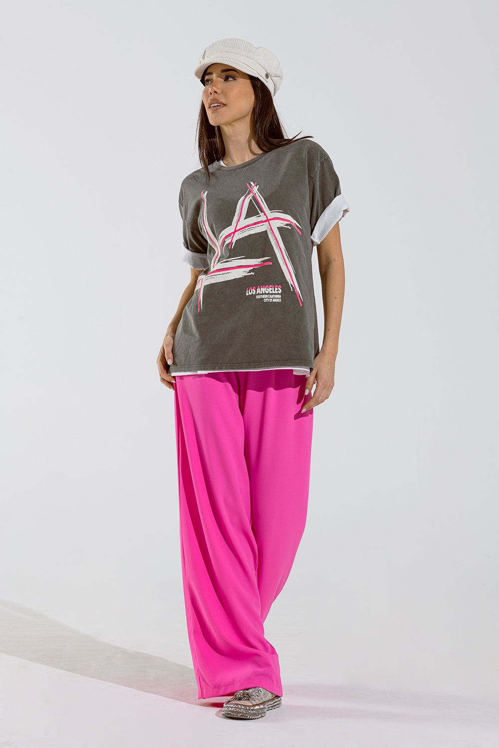 Grey Oversize T-Shirt Prints LA Los Angeles in Pink and White